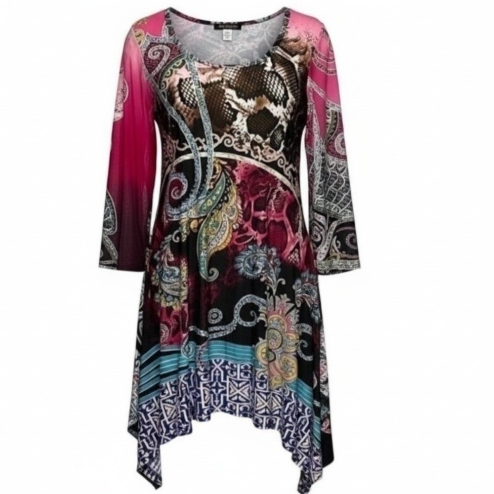 Urban Mango Pink Paisley Snakeskin Handkerchief‎ Hem Tunic Top S 3/4 Sleeve